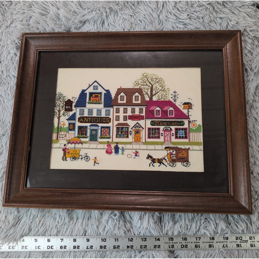 Vintage Framed Cross Stitch Summer Street Scene By Charles Wysocki Hanging